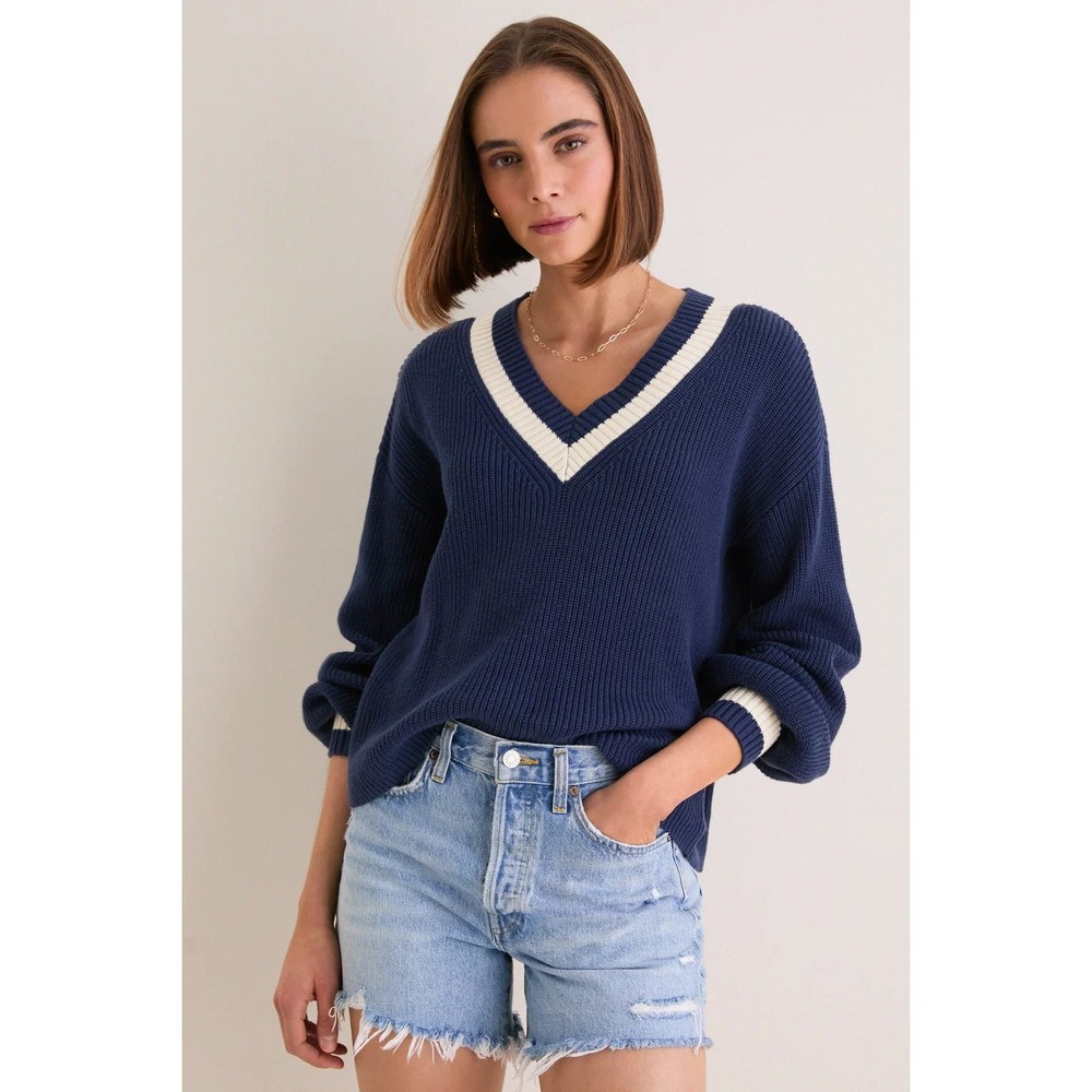 Tuckernuck Navy Blue Cotton V-Neck Varsity Shaker Knit Sweater Women Size Large